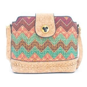 Colorful patterned handbag with cork accents.