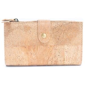 Cork wallet with button and zipper closure.