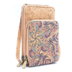 Colorful cork wallet with abstract pattern design.