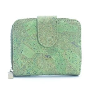Green cork wallet with zipper and clasp.
