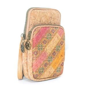 Colorful patterned cork handbag with zipper.