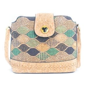 Patterned handbag with cork and woven design.
