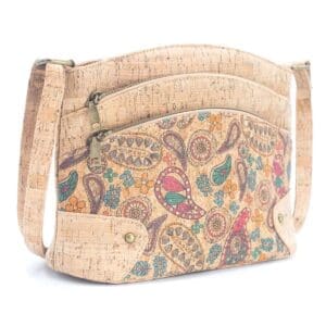 Colorful cork handbag with paisley pattern.