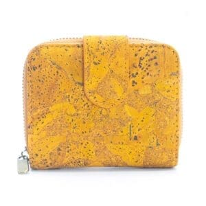 Yellow cork wallet with zipper and clasp.