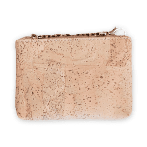 Cork zip pouch with speckled texture.