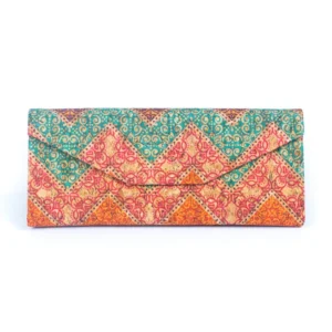 Colorful patterned clutch with zigzag design.