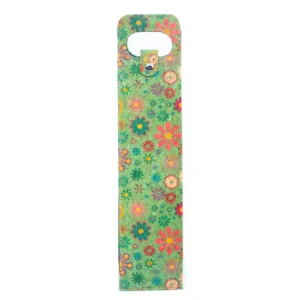 Floral-patterned green wine bottle holder.