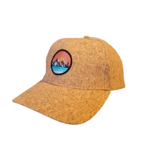 Cork cap with mountain and sun patch.