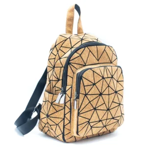 Geometric pattern tan backpack with black straps.