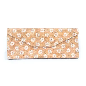 Floral-patterned cork wallet on white background.