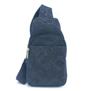 Black sling bag with front zipper pocket.