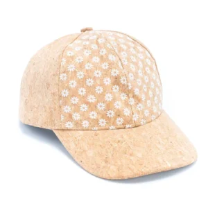 Cork baseball cap with white floral pattern.