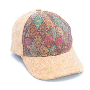 Colorful patterned cap with cork brim.