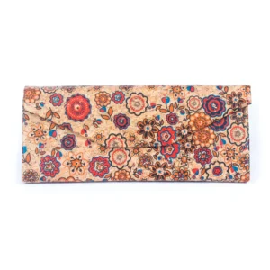 Floral patterned rectangular cork wallet.