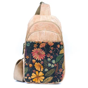 Floral-patterned sling bag with cork material.