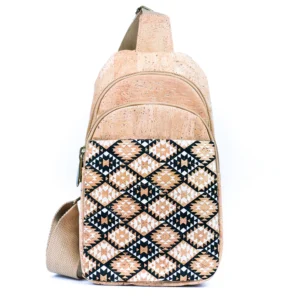 Cork bag with geometric patterned front pocket.