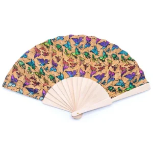 Decorative hand fan with colorful butterfly pattern.