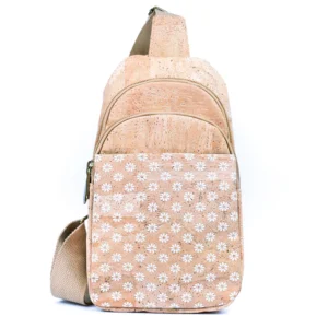 Floral-patterned beige sling bag with strap.