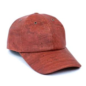 Red cork baseball cap with ventilation holes.