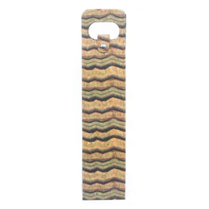 Wooden patterned bottle opener with wavy design.