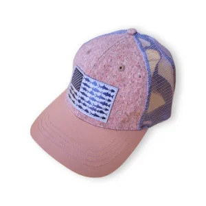 Pink cap with fish design patch.