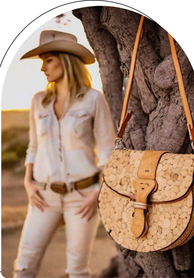 Woman in hat with unique wood bag.