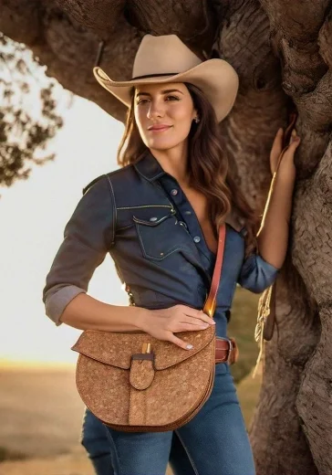 Cowgirl with cork crossbody bag.