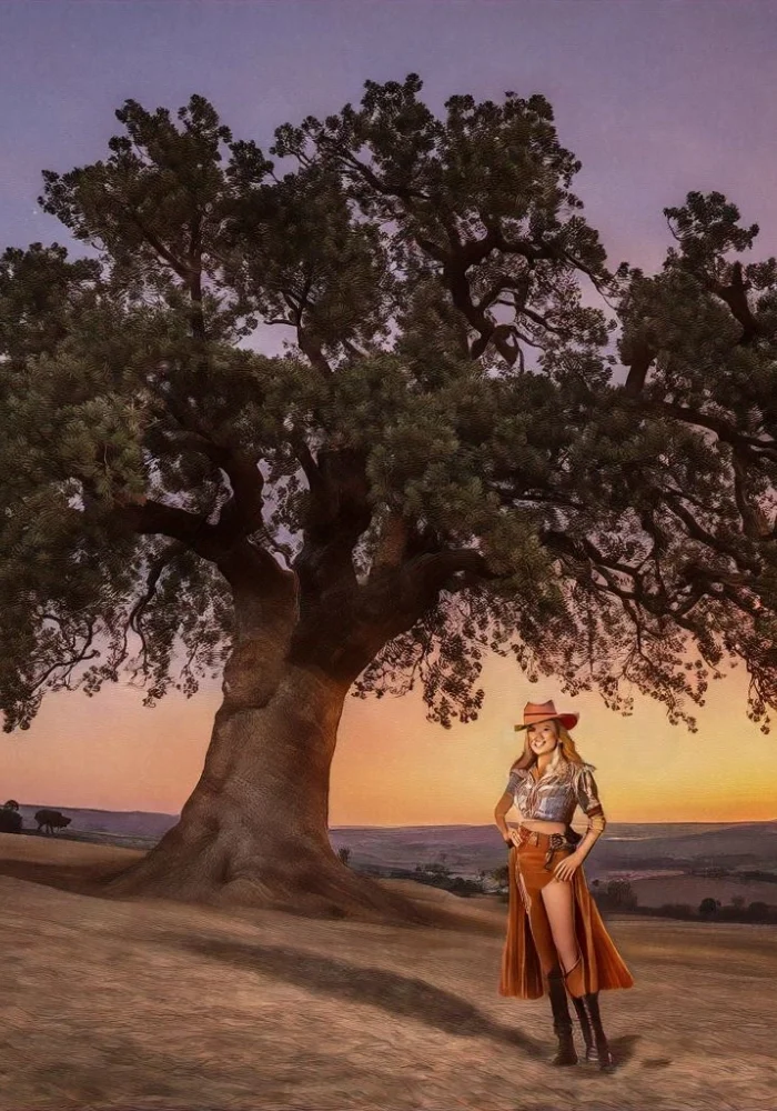 Cowgirl sunset, large tree, western scene.